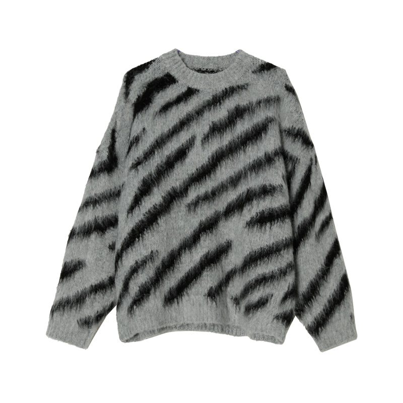 Zebra Pattern Sweater Men Fall Winter Mohair Long-Sleeved Round Neck Sweater Student Knit Sweater Men