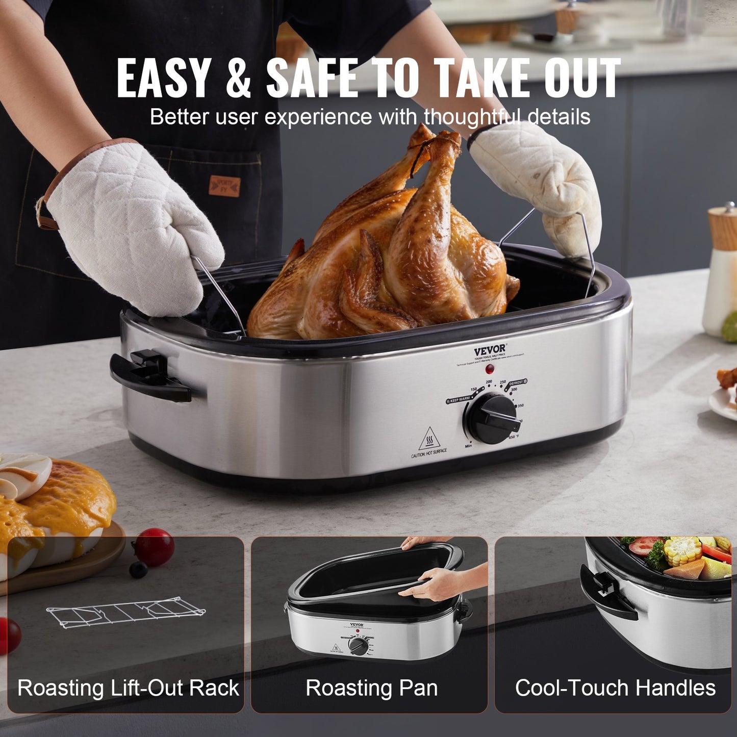 Electric Roaster Oven, 18 QT Turkey Roaster Oven With Self-Basting Lid, 1450W Roaster Oven With Defrost & Warm Function, Adjustable Temperature, Removable Pan & Rack, Fits Turkeys Up To 22LBS