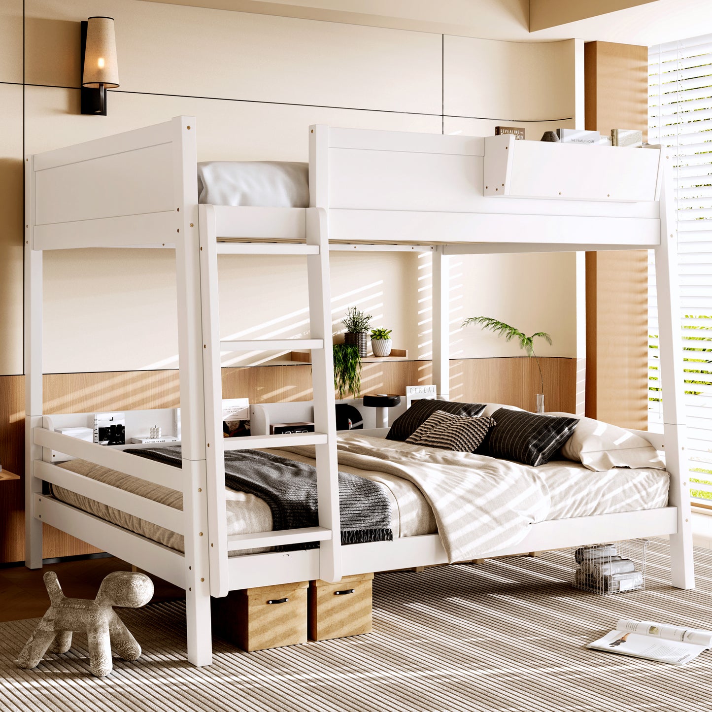 Queen Bunk Bed With  Storage Shelf And Bookshelf,Wood Bunk Bed With Ladder And Guardrails,Detachable Design,White
