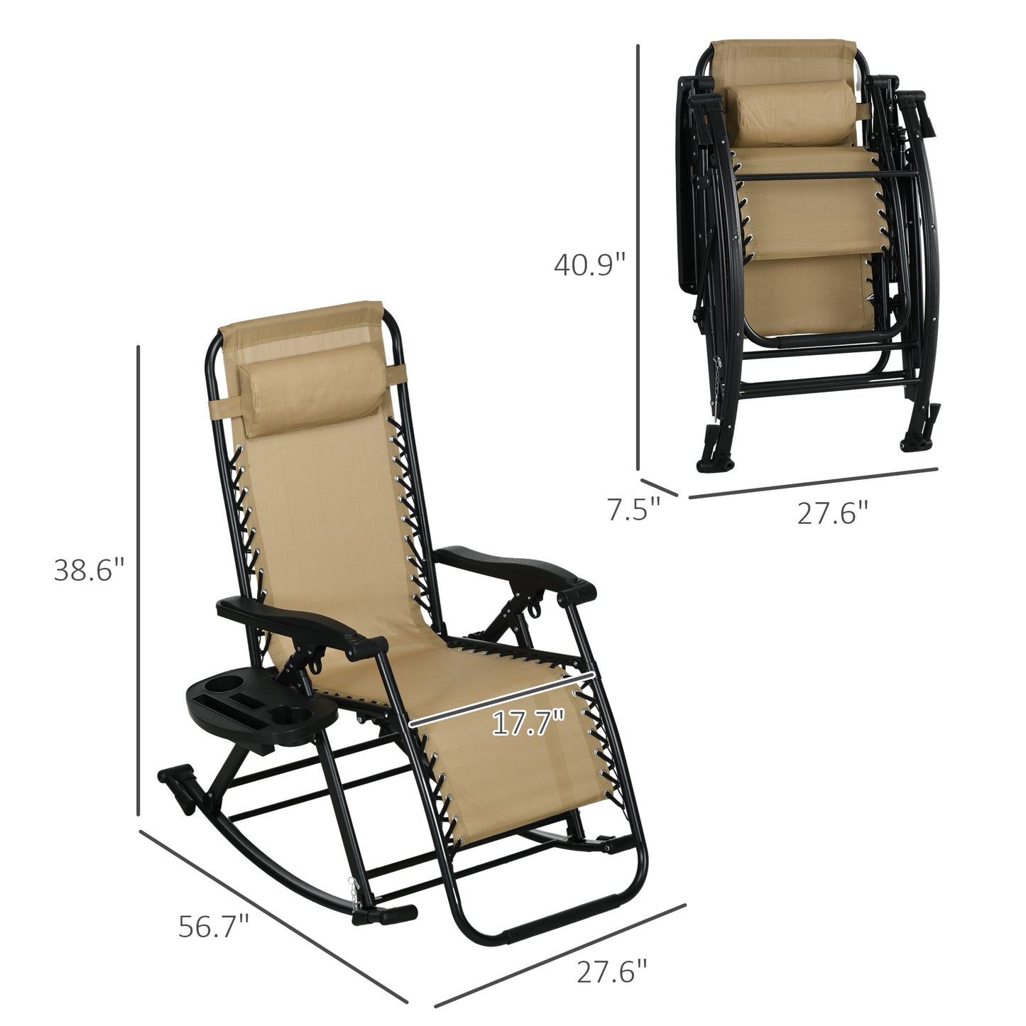 2 Outdoor Rocking Chairs Foldable Reclining Zero Gravity Lounge Rockers w/ Pillow Cup & Phone Holder, Beige