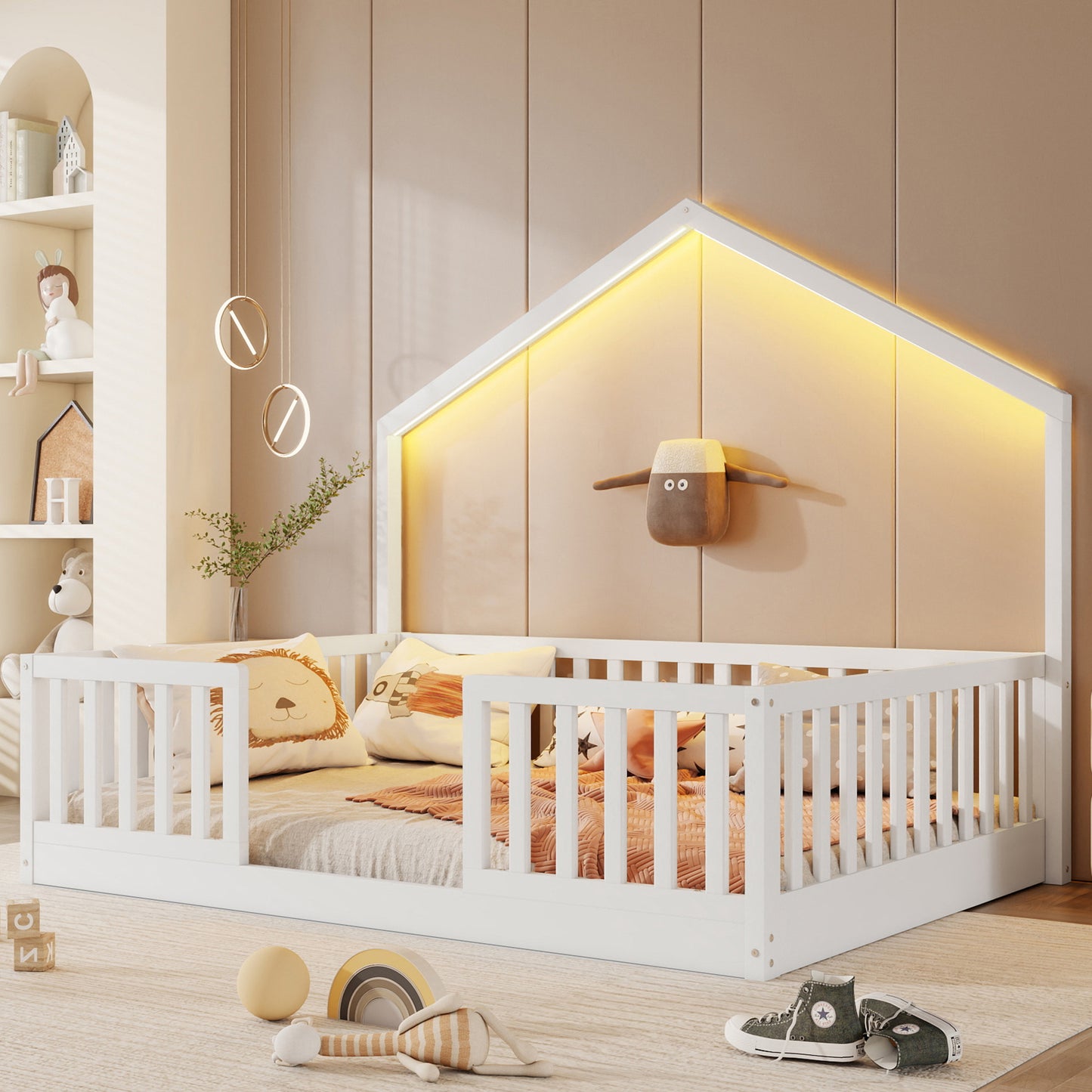 Full Floor Bed With High Rails, Wooden Montessori Bed With Light For Kids, Boys And Girls, WhiteExpect Arrival Date 2026 3 16