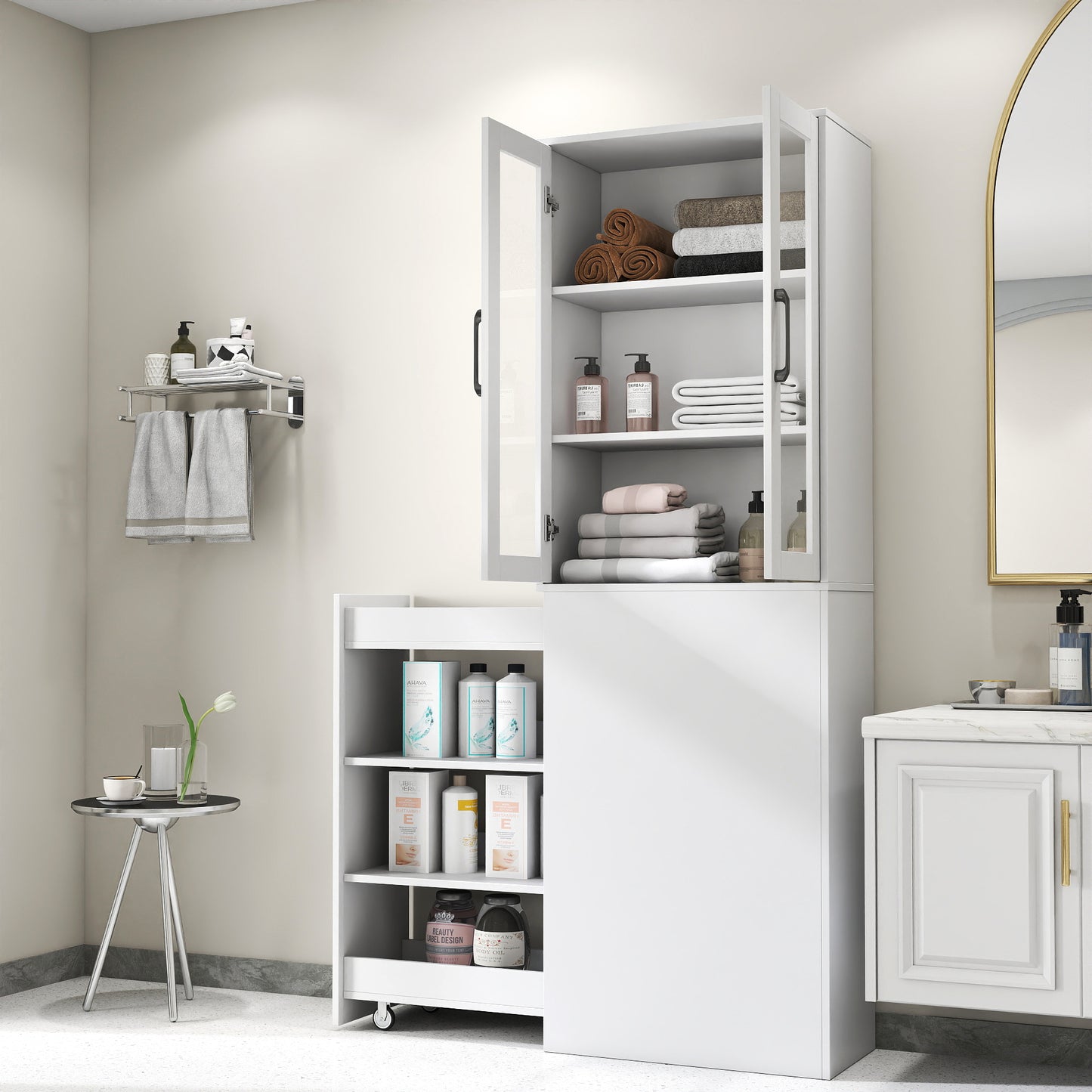 70.87 H Display Storage  Cabinet , 4 Tier Multi-functional Pull-out Multi-tier Storage Shelf & 2 Glass Doors, Modern Wooden  Kitchen Pantry Cabinet For Living Room Or Kitchen And Dinning Room