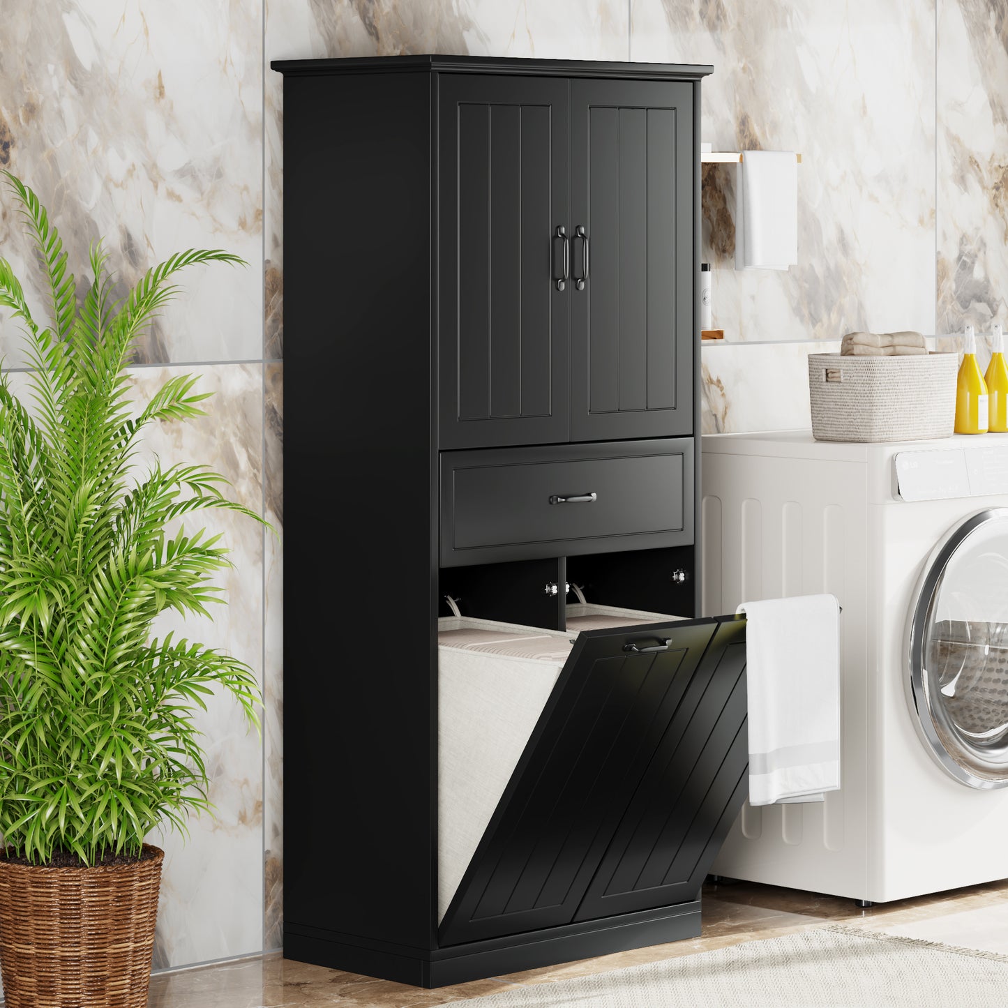 Bathroom Storage Cabinet With Two Laundry Baskets, Storage Cabinet With Doors And Drawer For Home, Black