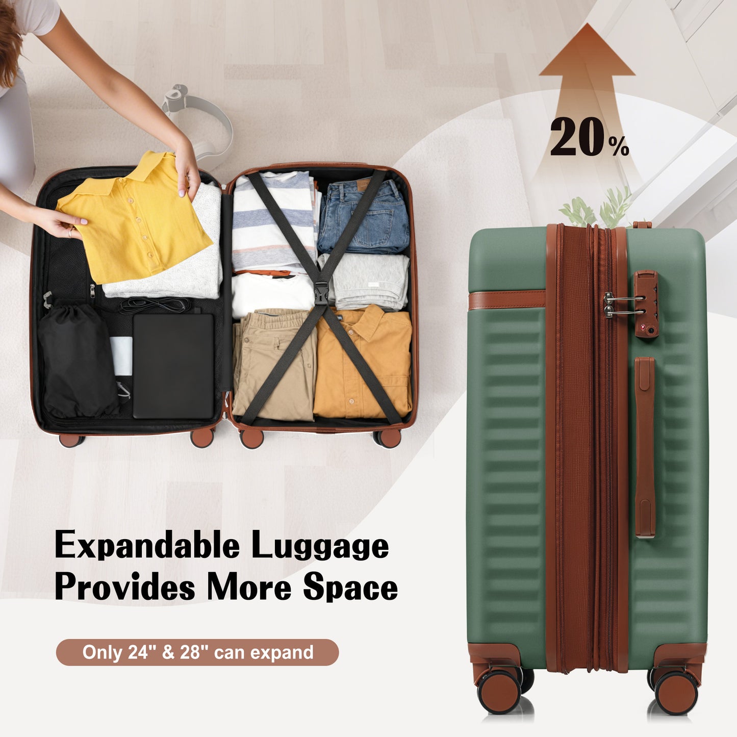 Luggage Set Of 3, 20inch With USB Port, Front Opening Design Airline Certified Carry On Luggage, ABS Hard Shell Luggage With Spinner Wheels,Green