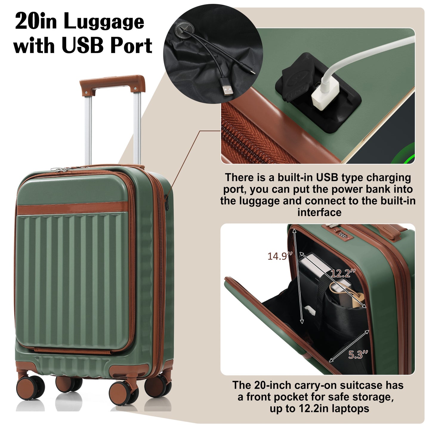 Luggage Set Of 3, 20inch With USB Port, Front Opening Design Airline Certified Carry On Luggage, ABS Hard Shell Luggage With Spinner Wheels,Green