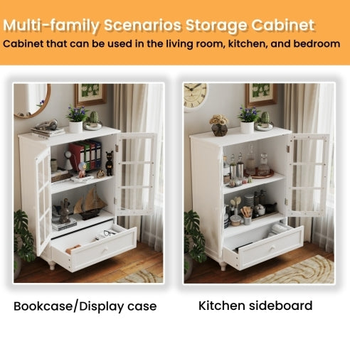 Minimalist White Buffet Cabinet With Double Glass Doors And Drawer, Modern Wooden Storage Sideboard Cupboard For Living Room, Dining Room Hallway Entryway