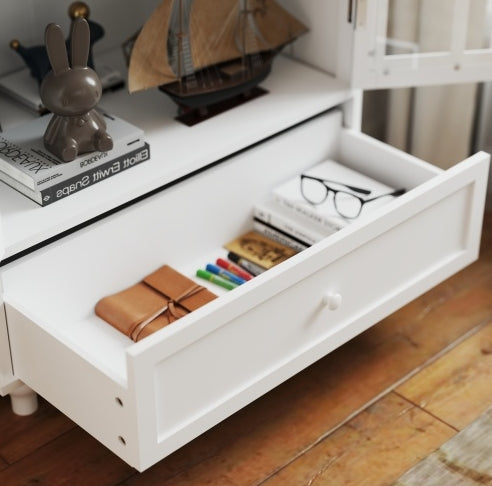 Minimalist White Buffet Cabinet With Double Glass Doors And Drawer, Modern Wooden Storage Sideboard Cupboard For Living Room, Dining Room Hallway Entryway