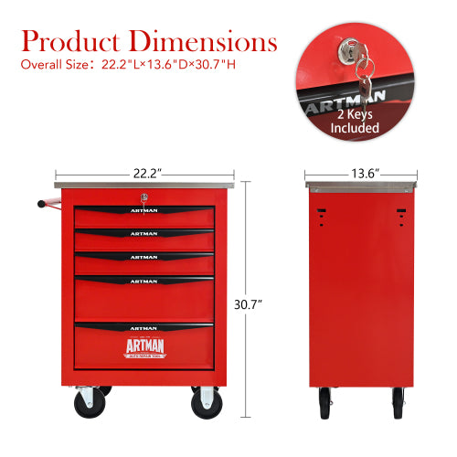 5 Drawers Multifunctional Tool Cart With Wheels,Metal Rolling Tool Cart Storage For Garage Workshop Warehouse Repair Shop--With Stainless Steel Roof--Red  Black