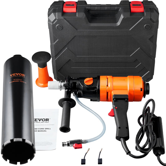 Diamond Core Drilling Machine, 4in Handheld Wet Concrete Core Drill Rig, 1100-2400RPM Two Speed & 1-1/4' Thread & 2 Bubble Levels, 3-4in Drilling Diameter For Concrete Brick Block Stone, 1500W