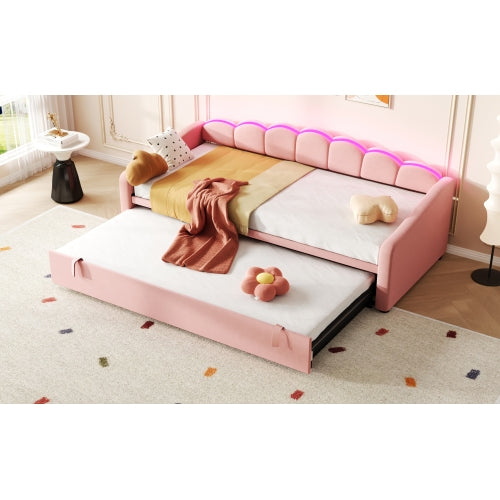 Upholstered Bed 90x190cm, Daybed, Sofa Bed With RGB LED Lighting, 3ft Petal Shape Single Bed With Trundle,Pull Out Trundle Bed For Living Room Bedroom Study Room, Velvet,