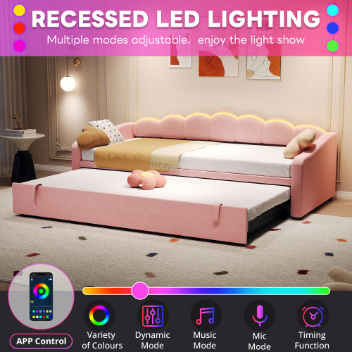 Upholstered Bed 90x190cm, Daybed, Sofa Bed With RGB LED Lighting, 3ft Petal Shape Single Bed With Trundle,Pull Out Trundle Bed For Living Room Bedroom Study Room, Velvet,
