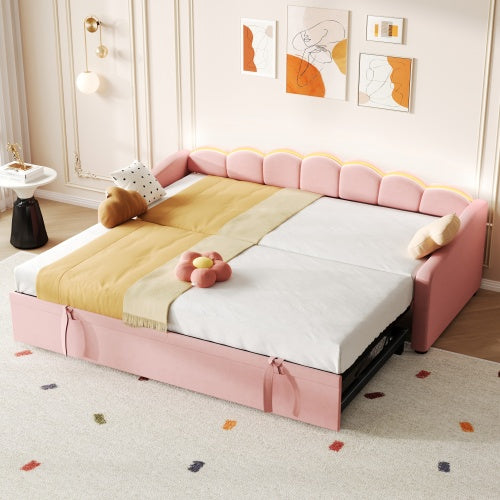 Upholstered Bed 90x190cm, Daybed, Sofa Bed With RGB LED Lighting, 3ft Petal Shape Single Bed With Trundle,Pull Out Trundle Bed For Living Room Bedroom Study Room, Velvet,