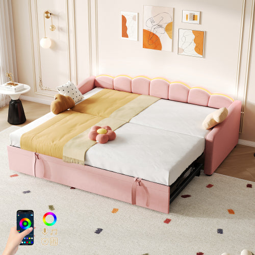 Upholstered Bed 90x190cm, Daybed, Sofa Bed With RGB LED Lighting, 3ft Petal Shape Single Bed With Trundle,Pull Out Trundle Bed For Living Room Bedroom Study Room, Velvet,