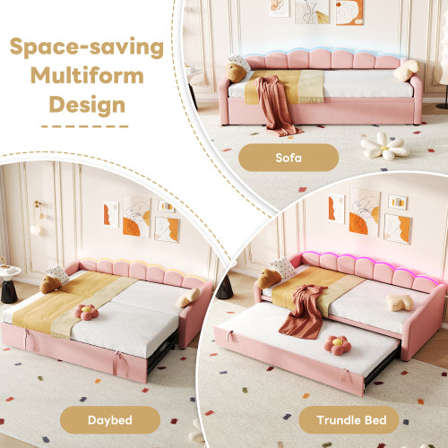 Upholstered Bed 90x190cm, Daybed, Sofa Bed With RGB LED Lighting, 3ft Petal Shape Single Bed With Trundle,Pull Out Trundle Bed For Living Room Bedroom Study Room, Velvet,