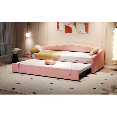 Upholstered Bed 90x190cm, Daybed, Sofa Bed With RGB LED Lighting, 3ft Petal Shape Single Bed With Trundle,Pull Out Trundle Bed For Living Room Bedroom Study Room, Velvet,