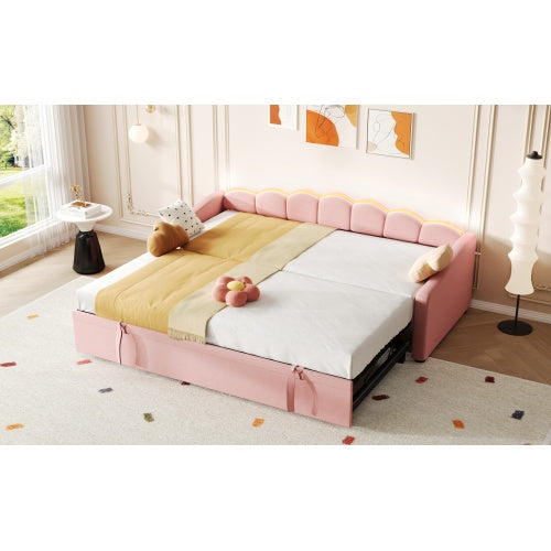 Upholstered Bed 90x190cm, Daybed, Sofa Bed With RGB LED Lighting, 3ft Petal Shape Single Bed With Trundle,Pull Out Trundle Bed For Living Room Bedroom Study Room, Velvet,