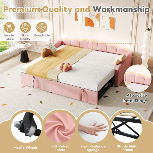 Upholstered Bed 90x190cm, Daybed, Sofa Bed With RGB LED Lighting, 3ft Petal Shape Single Bed With Trundle,Pull Out Trundle Bed For Living Room Bedroom Study Room, Velvet,