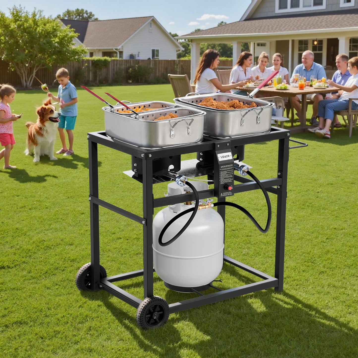 18QTx2 Outdoor Propane Deep Fryer Commercial Cooker Cart With Wheel Two Tank