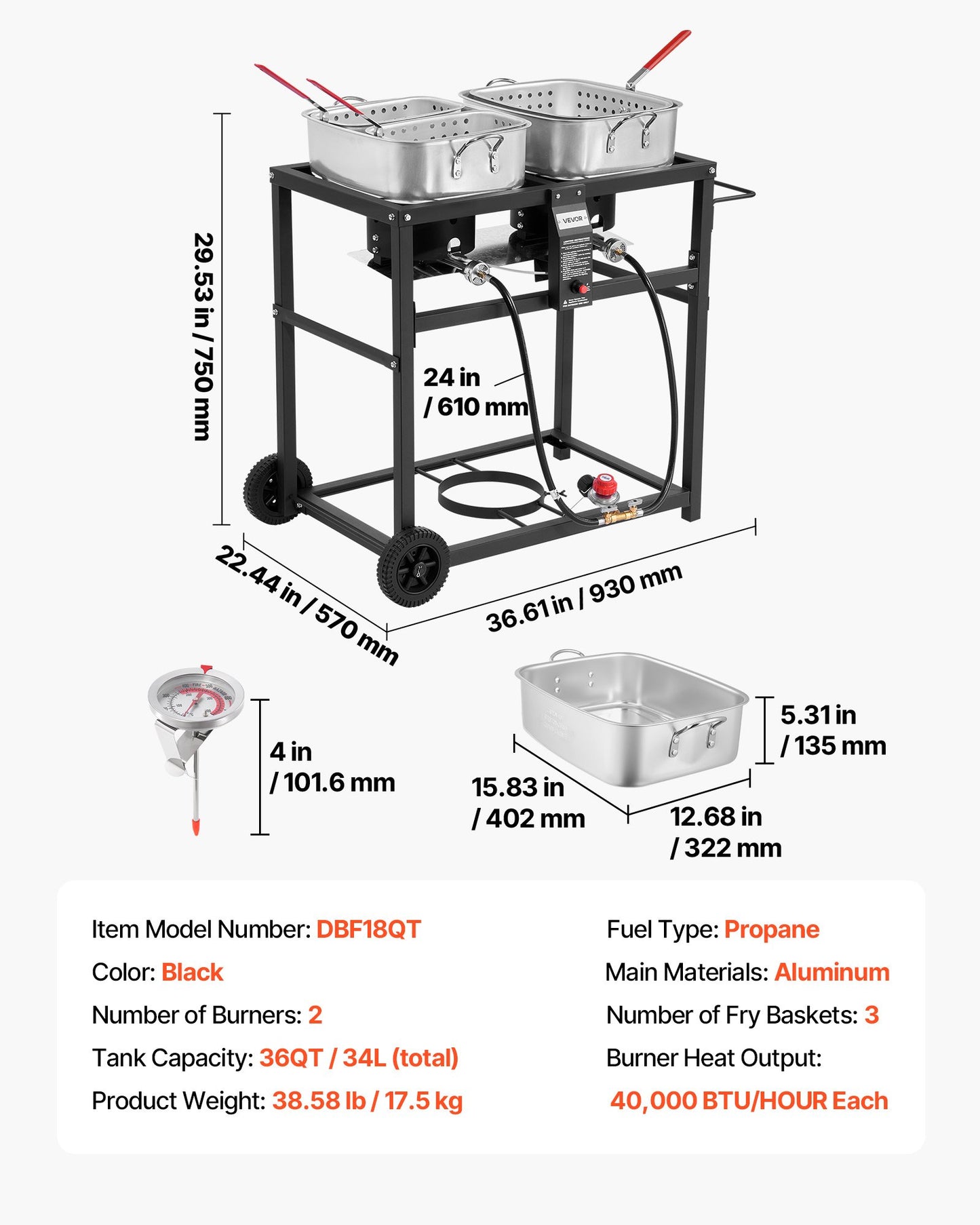 18QTx2 Outdoor Propane Deep Fryer Commercial Cooker Cart With Wheel Two Tank