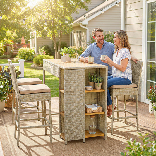 5 Piece Wicker Outdoor Bar Set, Acacia Wood Outdoor High Top Table and Chairs with 3 Tier Shelves, Cushions, Brown