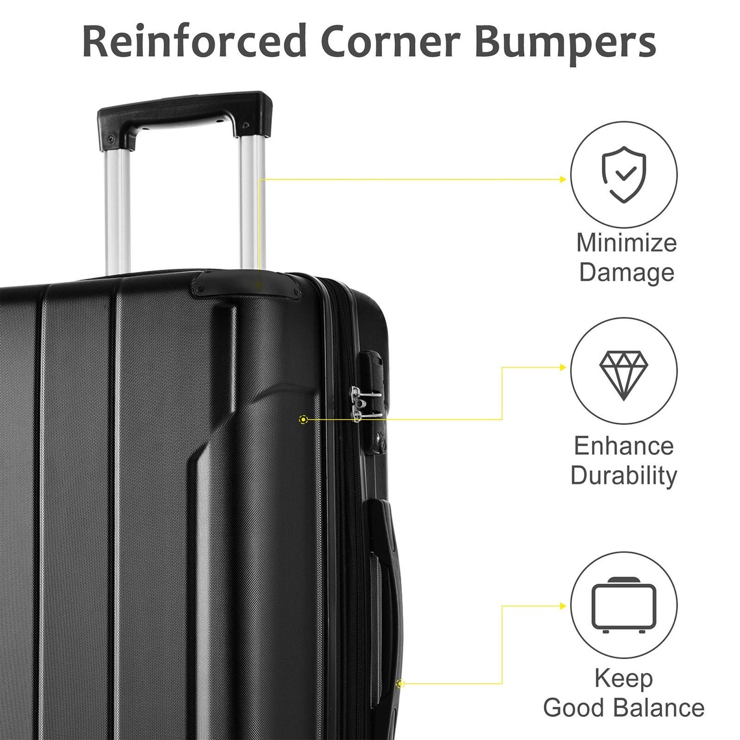 Hardshell Luggage, Lightweight Durable ABS Suitcases With Double Wheels, Expandable 24 Inch Checked Travel Luggage Black