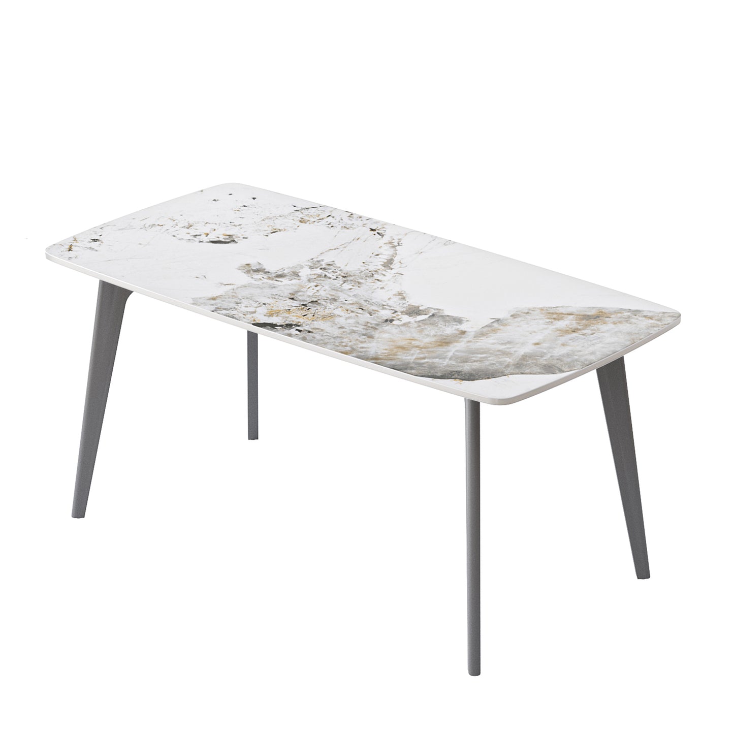 62.99  Modern Artificial Stone White Pandora Curved Edge Dark Grey Metal Leg Dining Table-Can Accommodate 6 People Dining Table Only