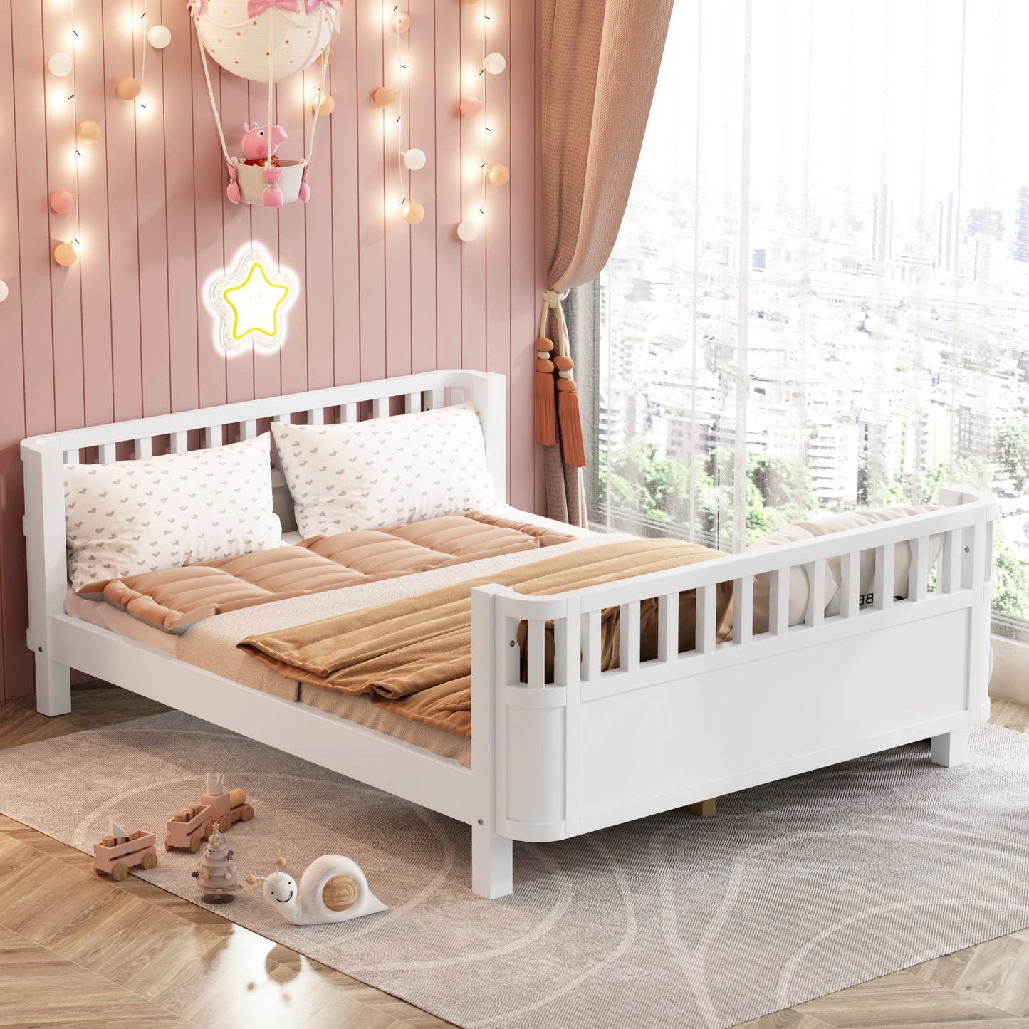Full Size Wood Platform Bed For Kids, Wood Low Profile Full Bed With Rails For Girls And Boys, White Patented Design, Old SKU W2593P233767