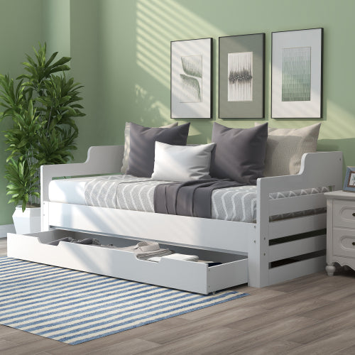 Daybed, Trundle And Drawer, Cabin Bed, SIngle Guest Bed Sofa Bed, Pull Out Trundle And Storage Drawer For Living Room And Bedroom -  3 90 X190 Cm - White