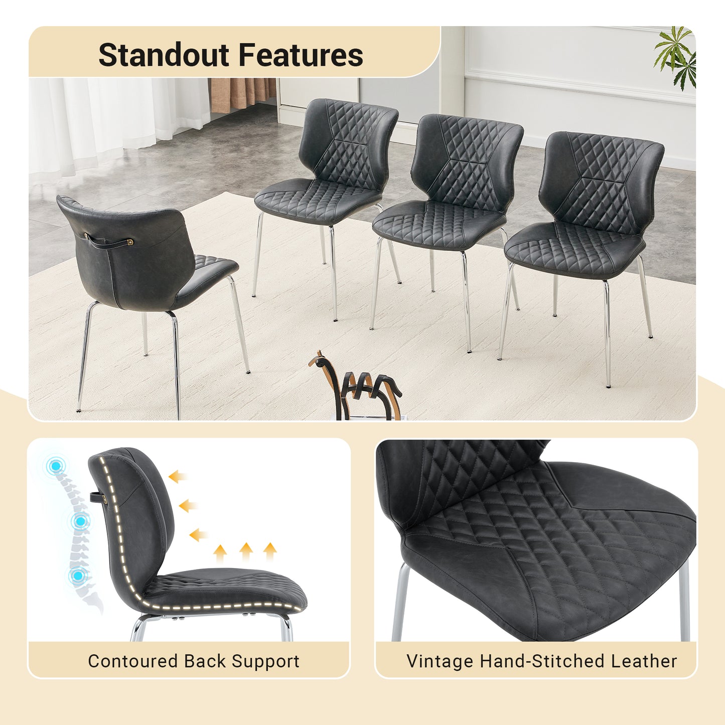 Dark Gray  Oil Waxed Leather Dining Chairs With Electroplated Metal Legs, Adjustable Non-Slip Foot Pads, Diamond-Tufted High Back Upholstered Dining Room Chairs  Dark Gray, Set Of 4