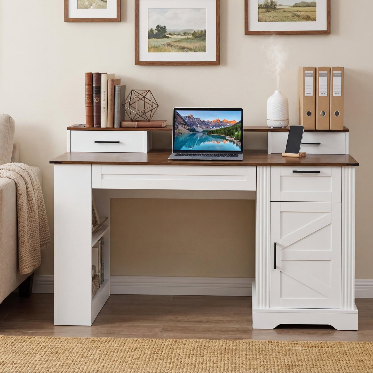 55 Farmhouse Office Desk With Storage Cabinet  Charging Station, Barn Door Design Computer Writing Desk With Keyboard Tray, Monitor Stand And Pegboard For Study, Living Room, Home Office, White