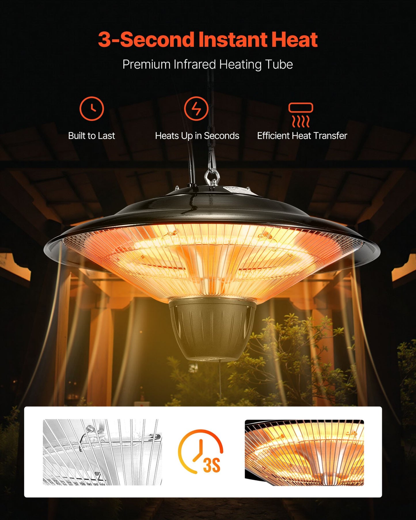 Hanging Patio Heater, 1500W Electric Space Infrared Heater, IP34 Protection With 23.6 Inch Pull Cord & Adjustable Chain, For Porch,Patio,Dining Room,Studio Outdoor/Indoor