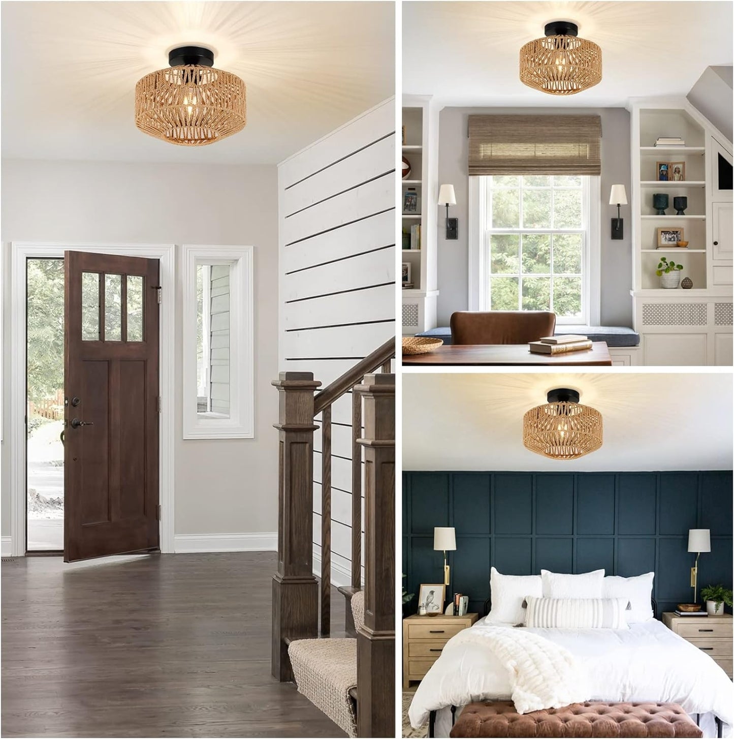 Boho Light Fixtures Ceiling Mount,Mini Rattan Chandelier Light Fixture With Dimmable LED Bulb,Hand W