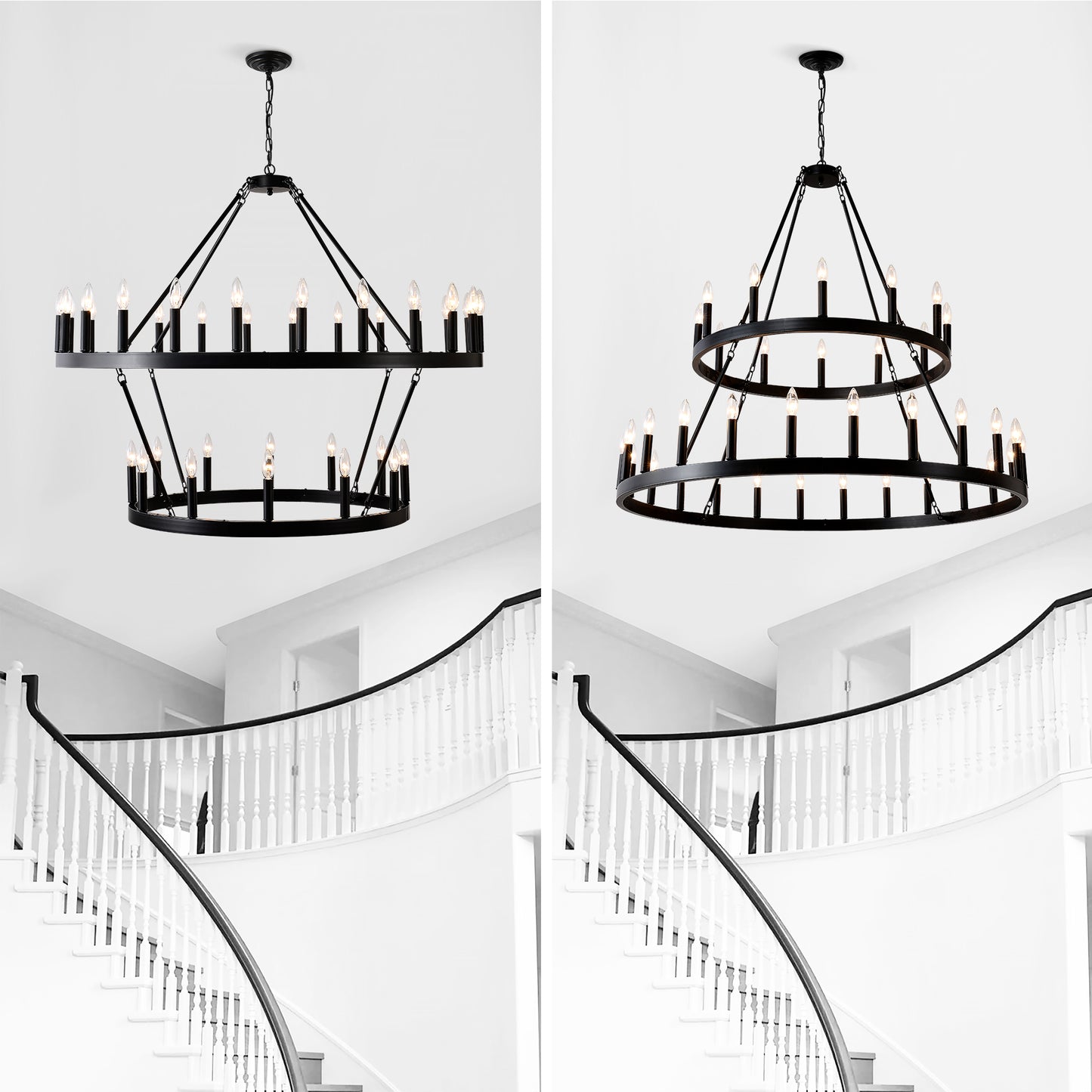 2 Tiers Wagon Wheel Chandelier Wooden Farmhouse 36-Light Black Metal Chandeliers 2-Story Light Fixtures Industrial For High Ceiling Living Dining Room Foyer. Adjustable Height
