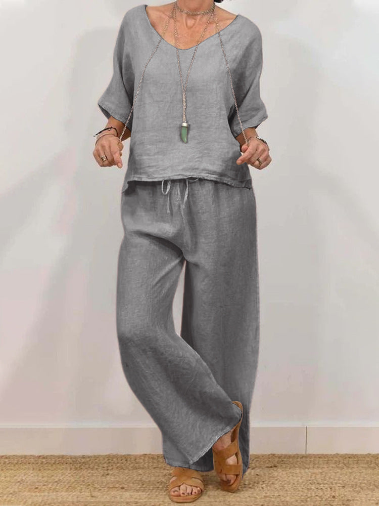 Womens Multi-Color Two-Piece Set Casual V-Neck Pullover With Three-Quarter Sleeves And Extended Pants
