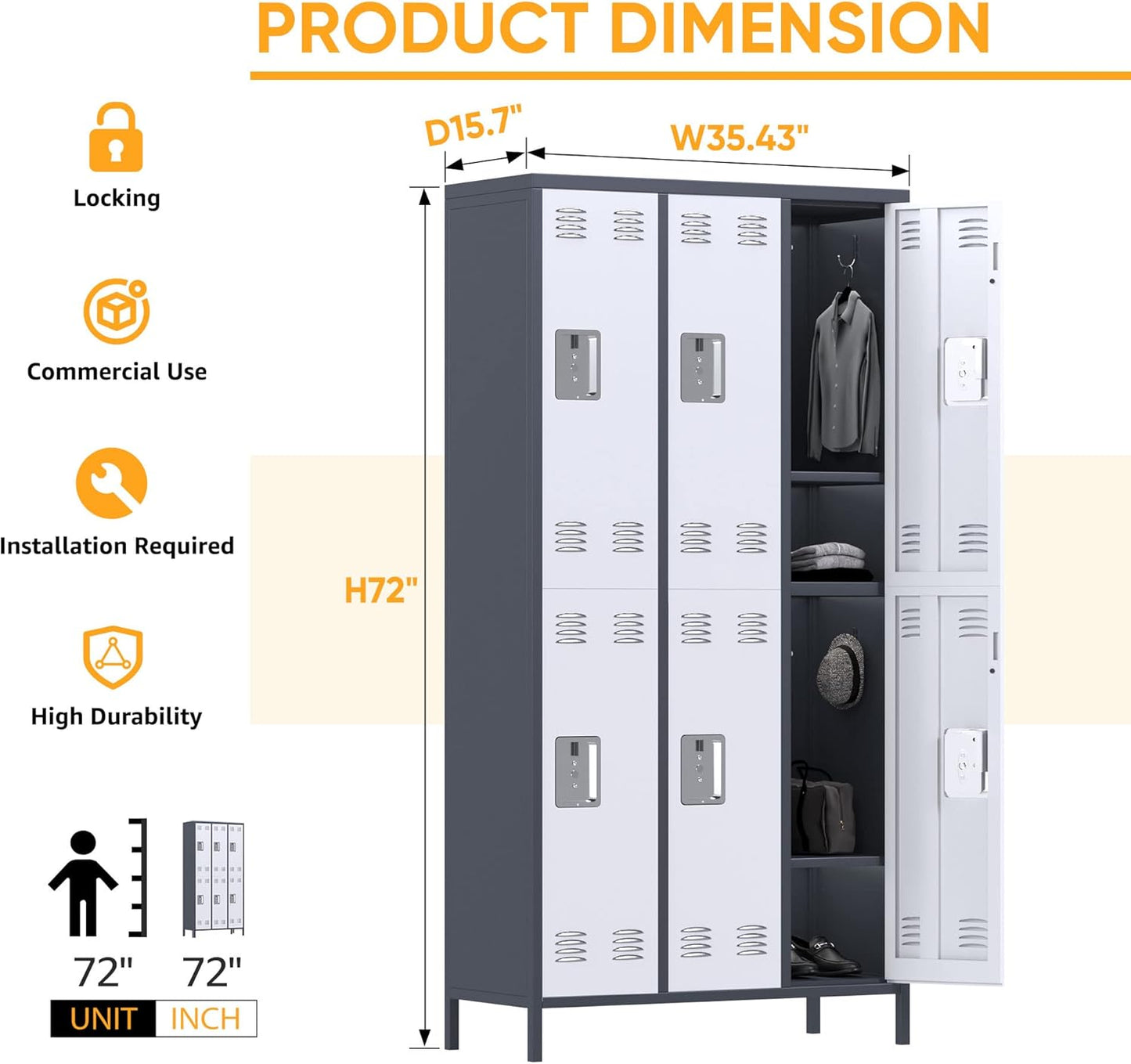 METAN Metal Locker For School Office Gym Bedroom,6 Doors Steel Storage Locker Cabinet For Employees,Industrial Storage Locker With 1 Shelves,Assembly Required,Gray White