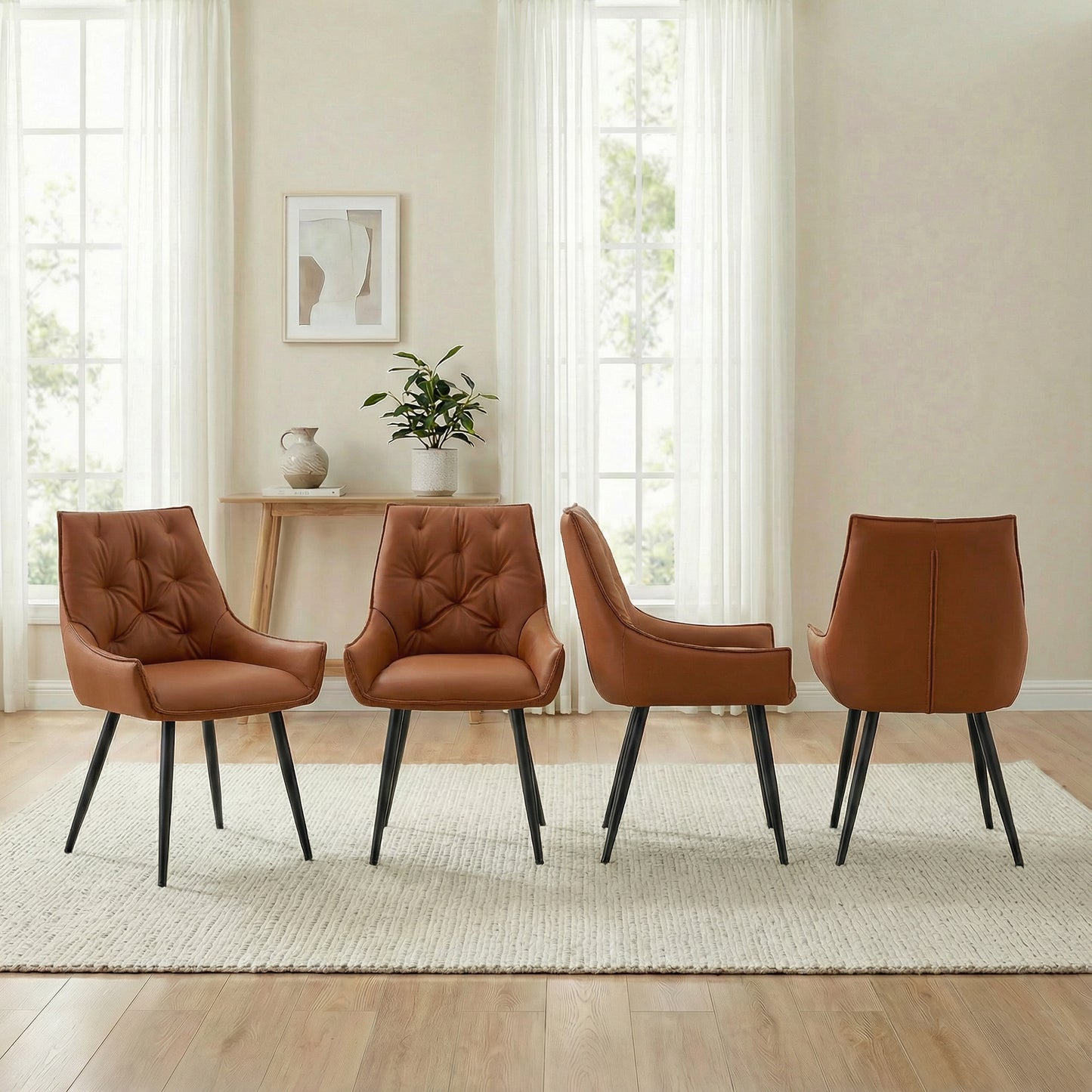 Dining Chairs Set Of 4, Camel Faux Leather Dining Room Chair, Metal Kitchen Chairs With Gold Mesh Texture And Black Sanded Legs, Flat Back Upholstered Chair  Camel, Set Of 4