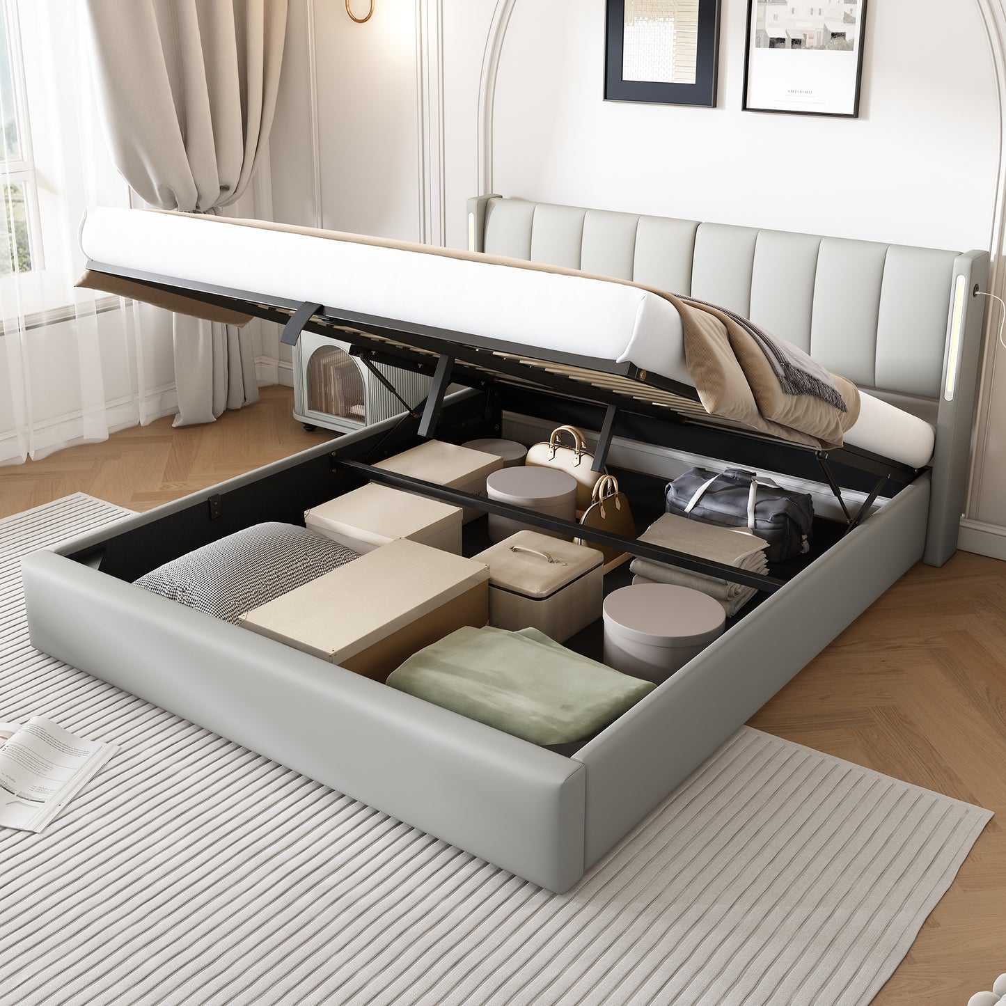 LED Upholstered Bed ,King Size Bed-5ft 150X200cm Hydraulic Bed, Rechargeable USB Port In Bed, With LED Lighting, With Storage Space, Adjustable Headboard, PU , Grey