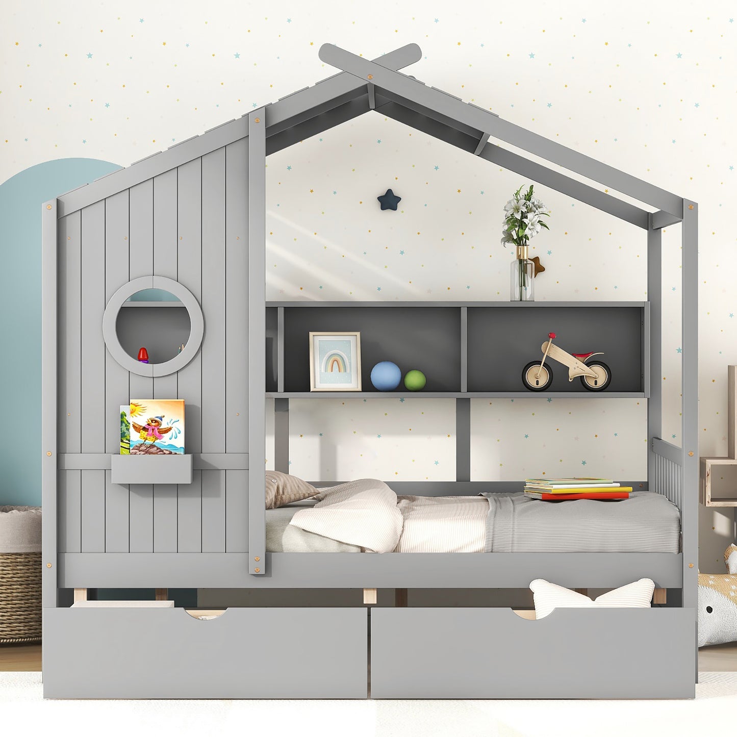 Wooden Full Size House Bed With 2 Drawers,Kids Bed With Storage Shelf, Gray