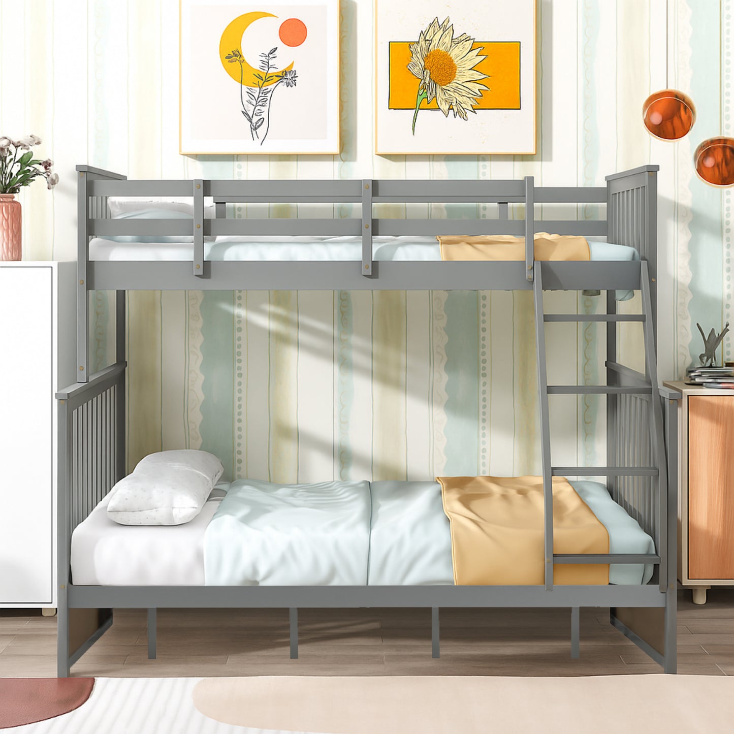 Twin Over Full Bunk Bed , Wooden Bunk Bed With Ladder And Safety Guard Rails - Gray