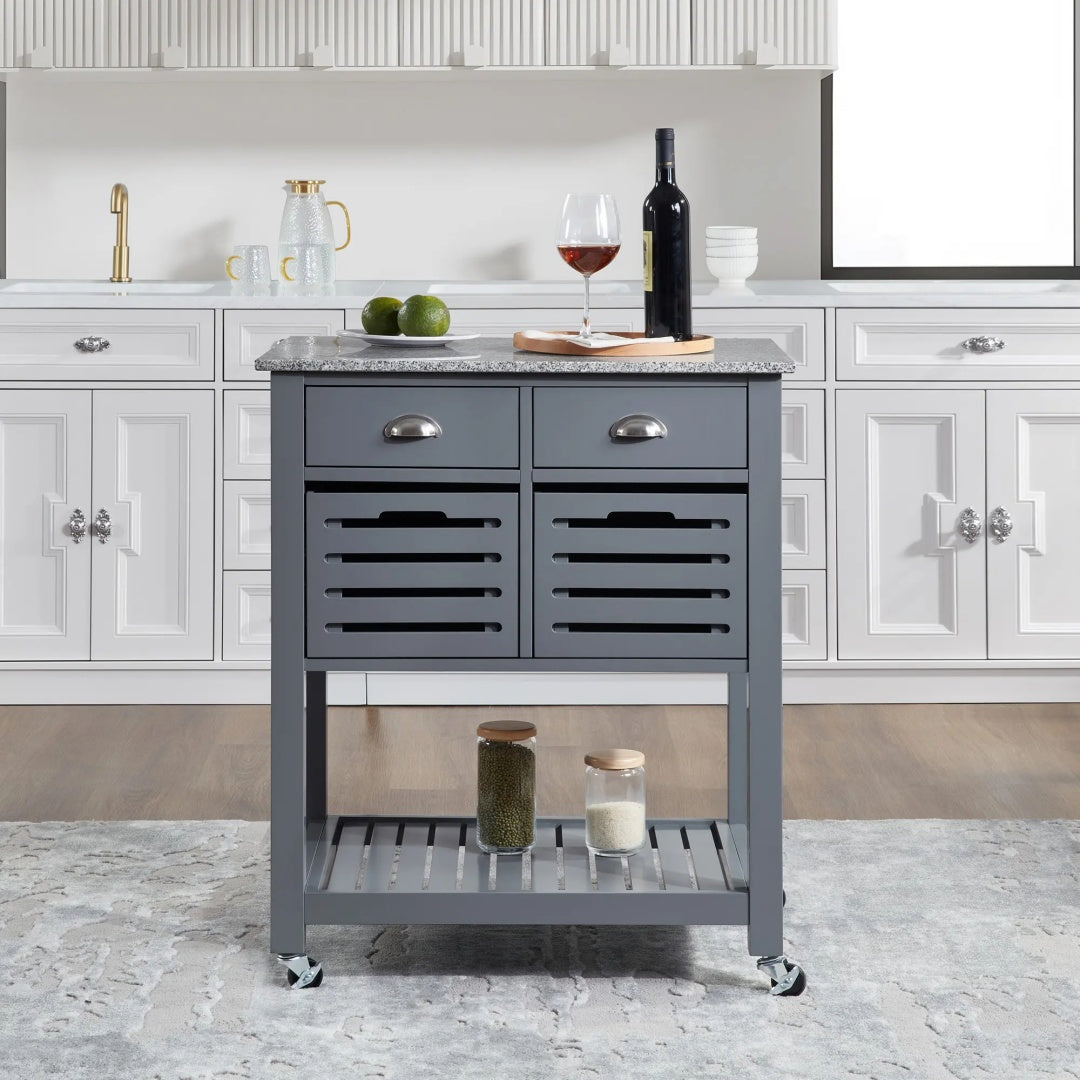 Mobile Rolling Kitchen Island Trolley Serving Cart With Underneath Drawer & Slide-Out Wire Storage Basket