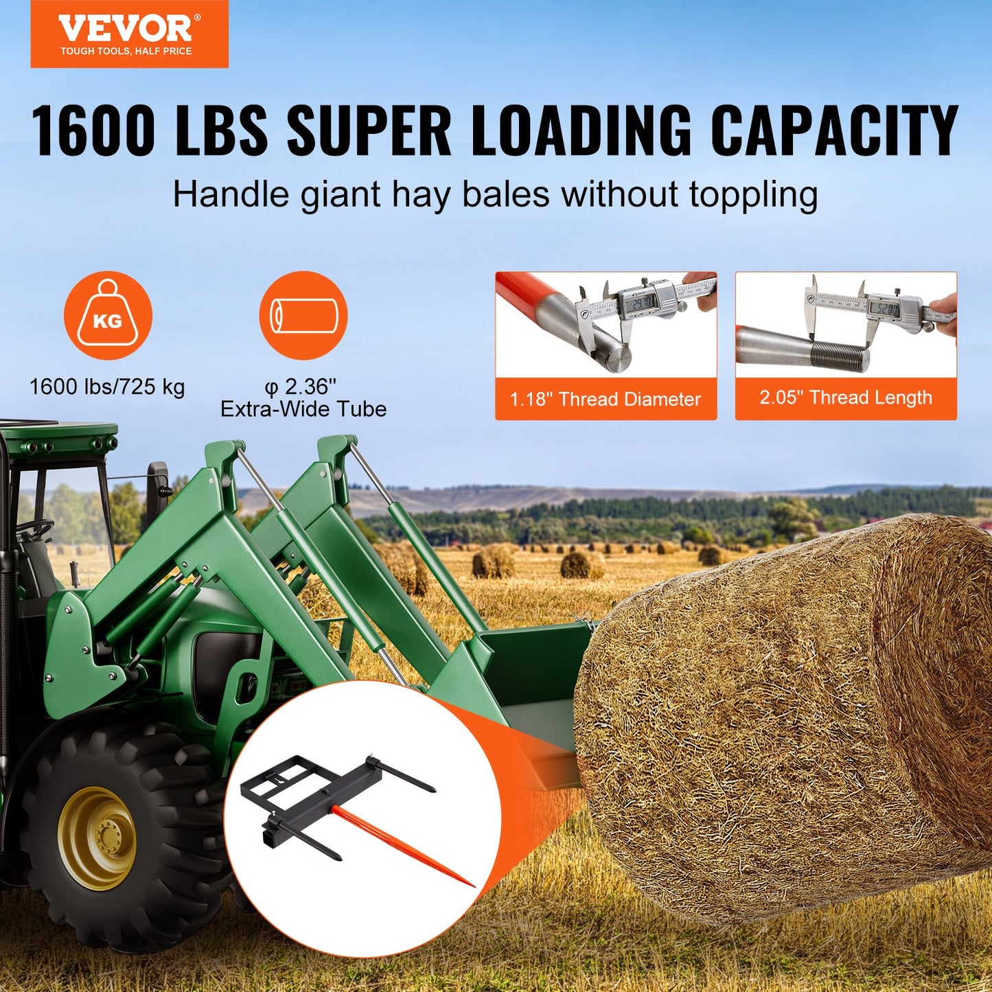 39' Hay Spear, Bale Spears 1600lbs Loading Capacity, Skid Steer Loader Tractor Bucket Attachment With 2pcs 17.5' Stabilizer Spears And 60' Chain, Quick Attach Spike Forks