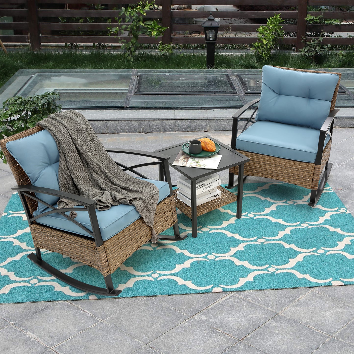 3pcs Rocking Rattan Set Wholesale Leisure Chair Outdoor Rattan Rocking Chair Set Grey