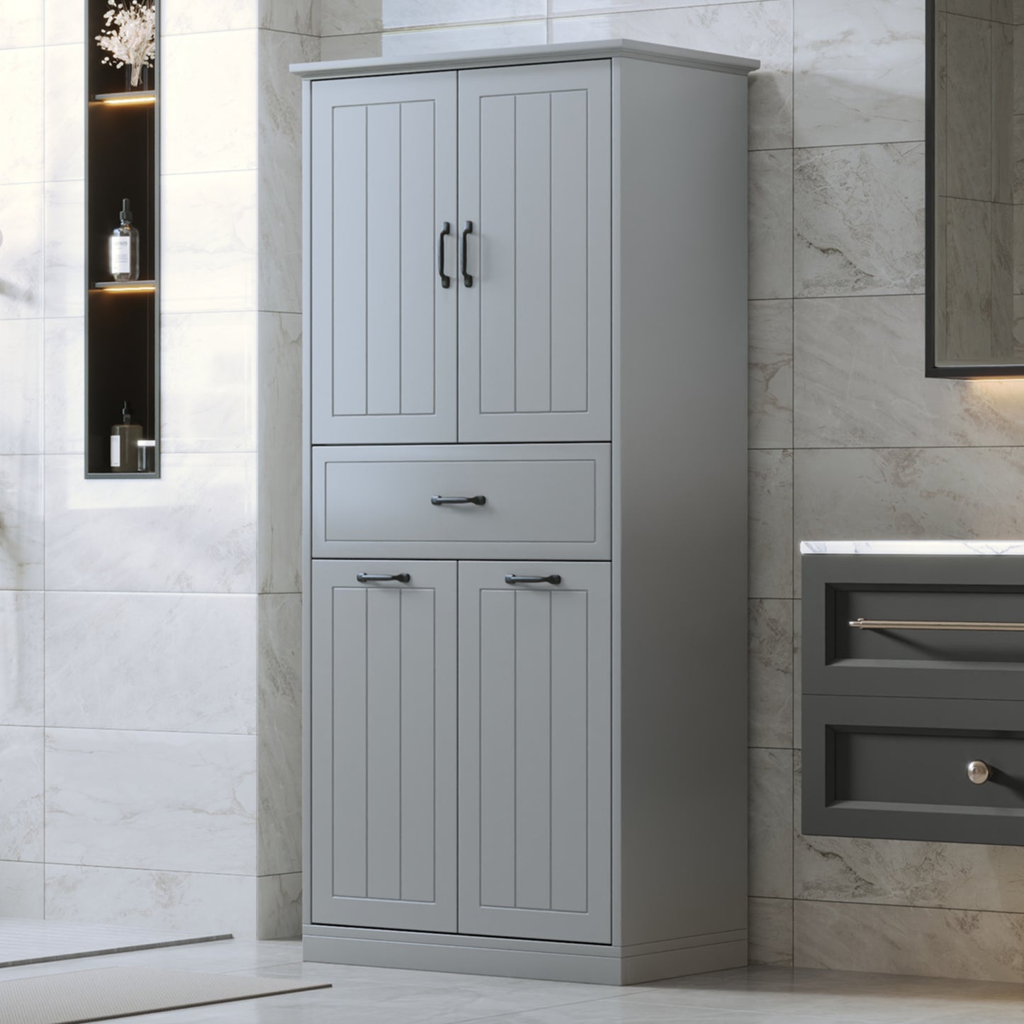 Bathroom Storage Cabinet With Two Laundry Baskets, Storage Cabinet With Doors And Drawer For Home, Grey