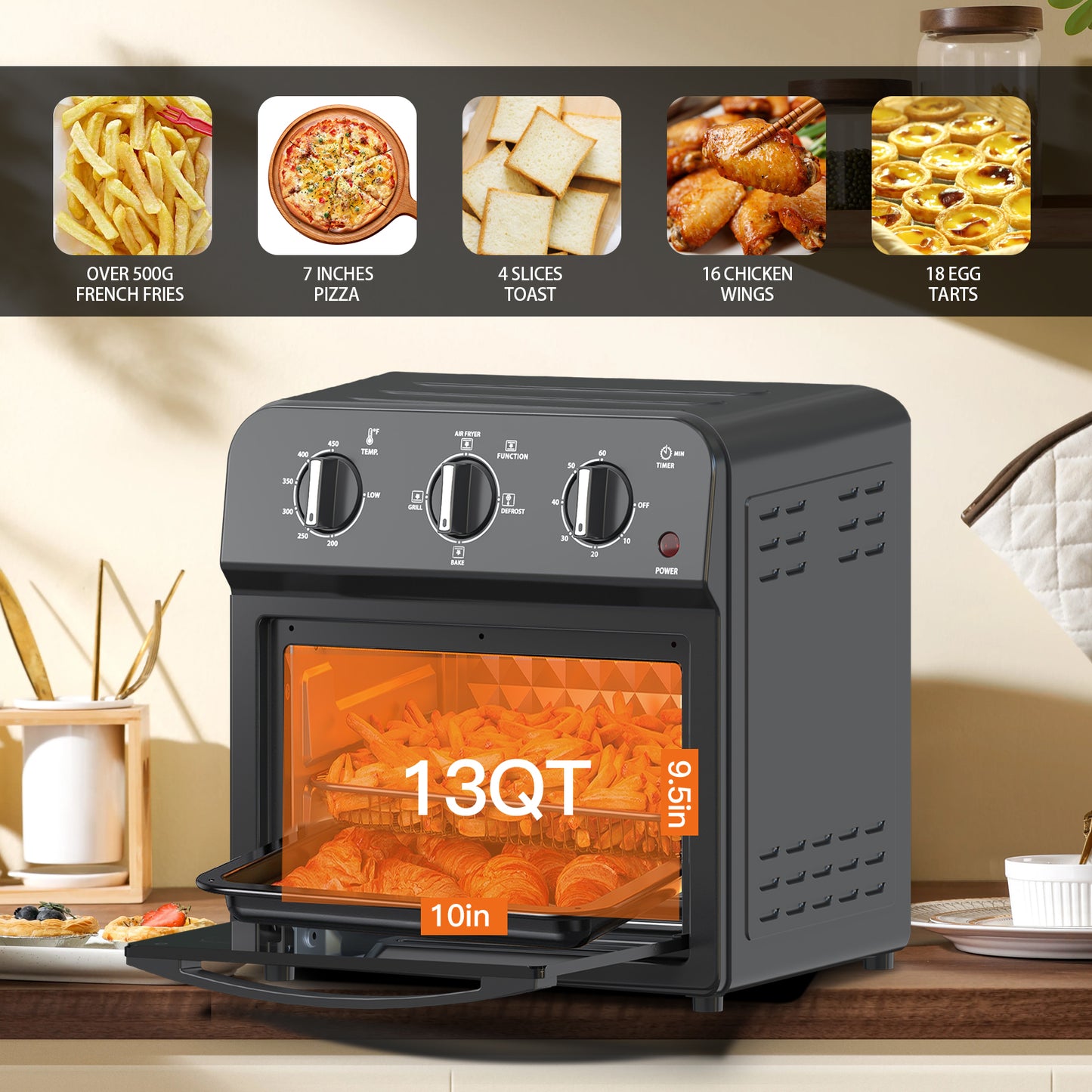 Family Size Air Fryer Toaster Oven Combo,13QT,Hot Air Circulation For Healthy Oil-Free Cooking, Multifunctional Convection Contertop Oven, Adjustable Time & Temp Control, Amazon Resale Prohibited
