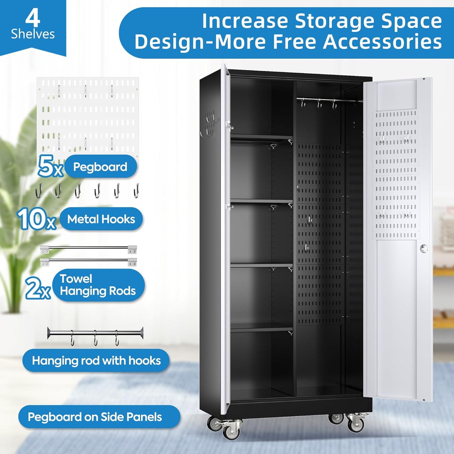Broom Closet Storage Cabinet With Wheels And Pegboard,Metal Garage Storage Cabinet With Lockable And Magnetic Doors,Adjustable Shelves For Garage Home Office,Required Assembly,Black And White