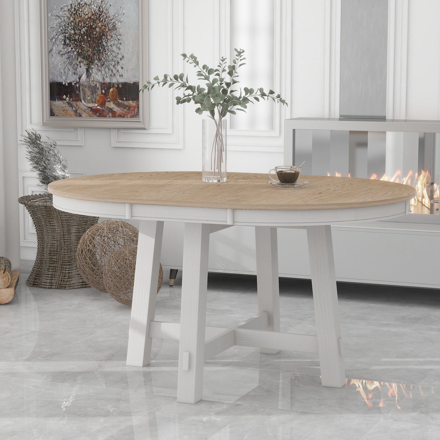 TREXM Farmhouse Round Extendable Dining Table With 16 Leaf Wood Kitchen Table  Oak Natural Wood  Antique White