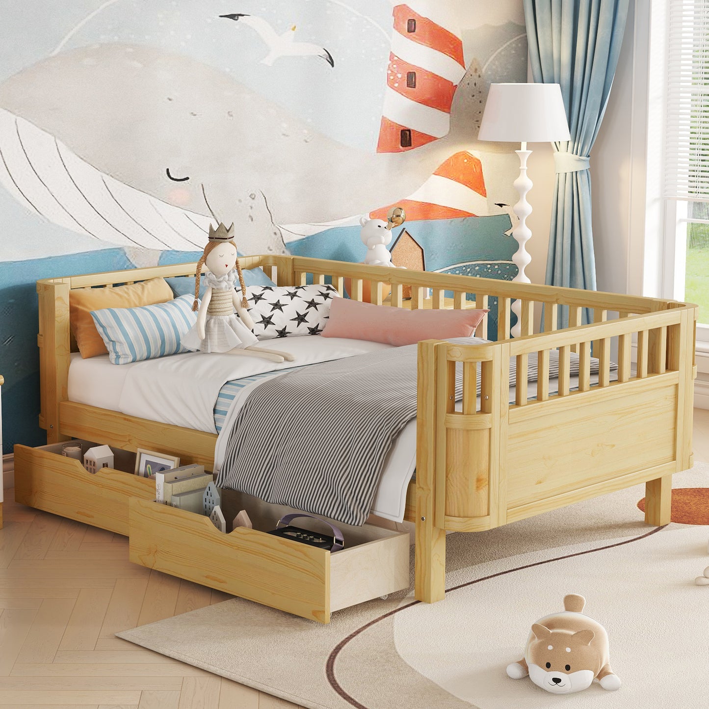 Twin Size Wood Platform Bed For Kids, Wood Low Profile Twin Bed With Rails For Girls And Boys, Natural Old SKU W2593P331680