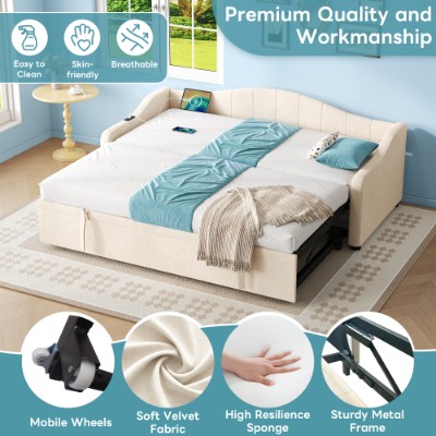 Upholstered Bed 90x190cm, Daybed, Sofa Bed With Charging Station, 3ft Single Velvet Bed With USB And Type - C Ports, Pull Out Trundle Bed For Living Room Bedroom Study Room, Beige No Mattress