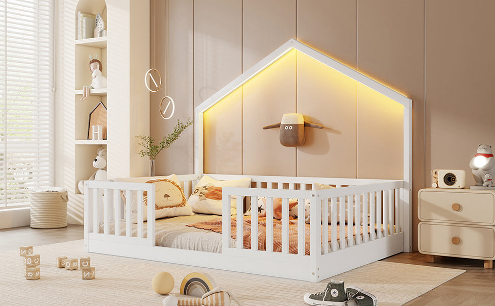 Full Floor Bed With High Rails, Wooden Montessori Bed With Light For Kids, Boys And Girls, WhiteExpect Arrival Date 2026 3 16