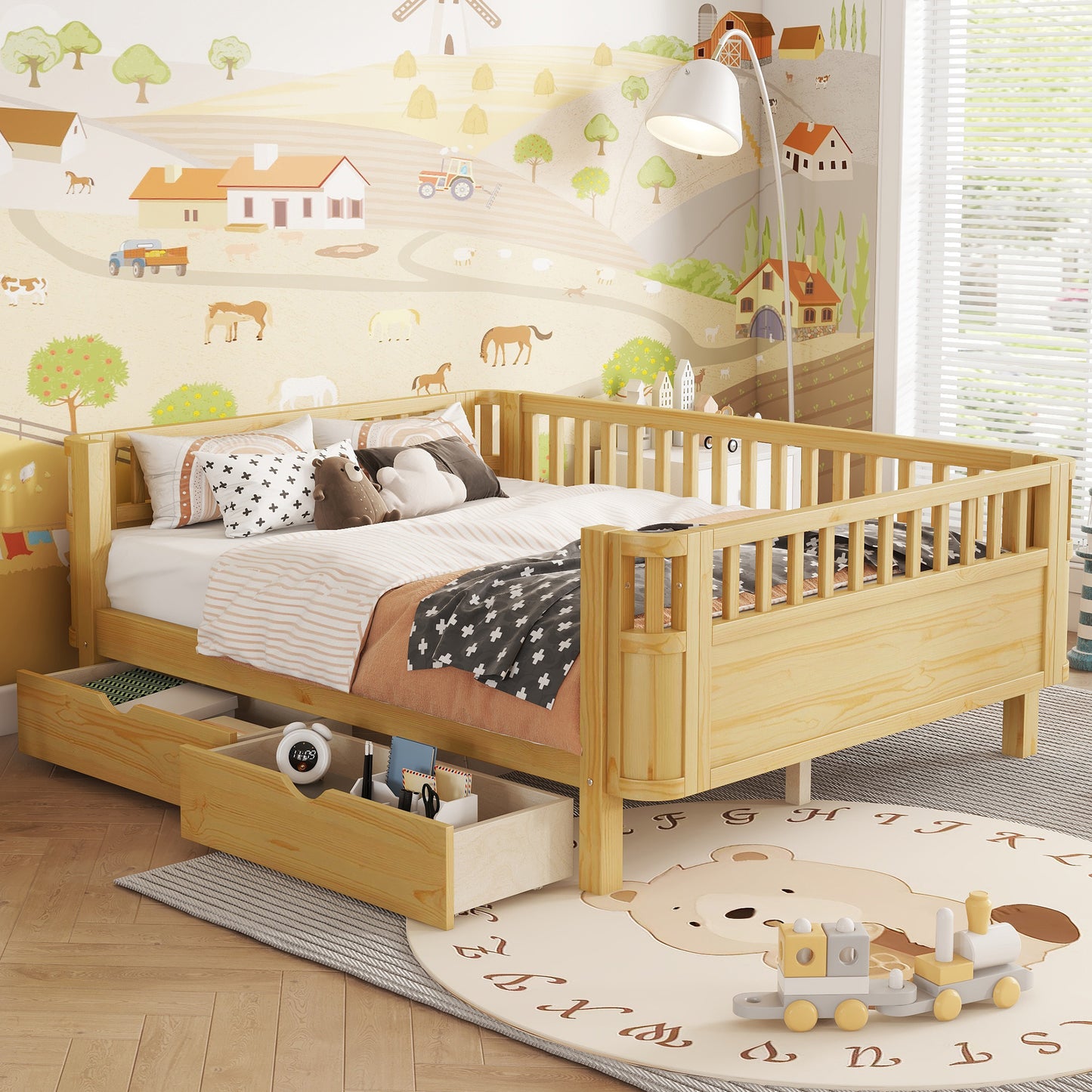 Full Size Wood Platform Bed For Kids, Wood Low Profile Full Bed With Rails For Girls And Boys, Natural